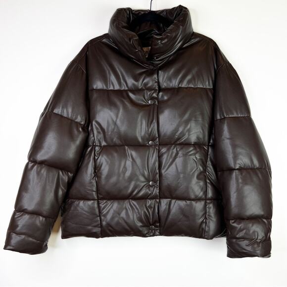 Zara Blogger Chocolate Brown Faux Leather Puffer Jacket. - Picture 3 of 10